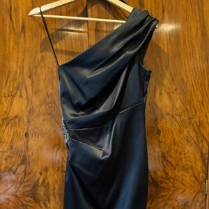 Eliza J One Shoulder Satin Dress with Beaded Embellishment